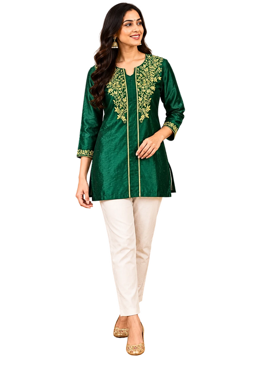 Dark Green Art Silk Short Kurti , Embroidered Party Wear Ethnic Kurti
