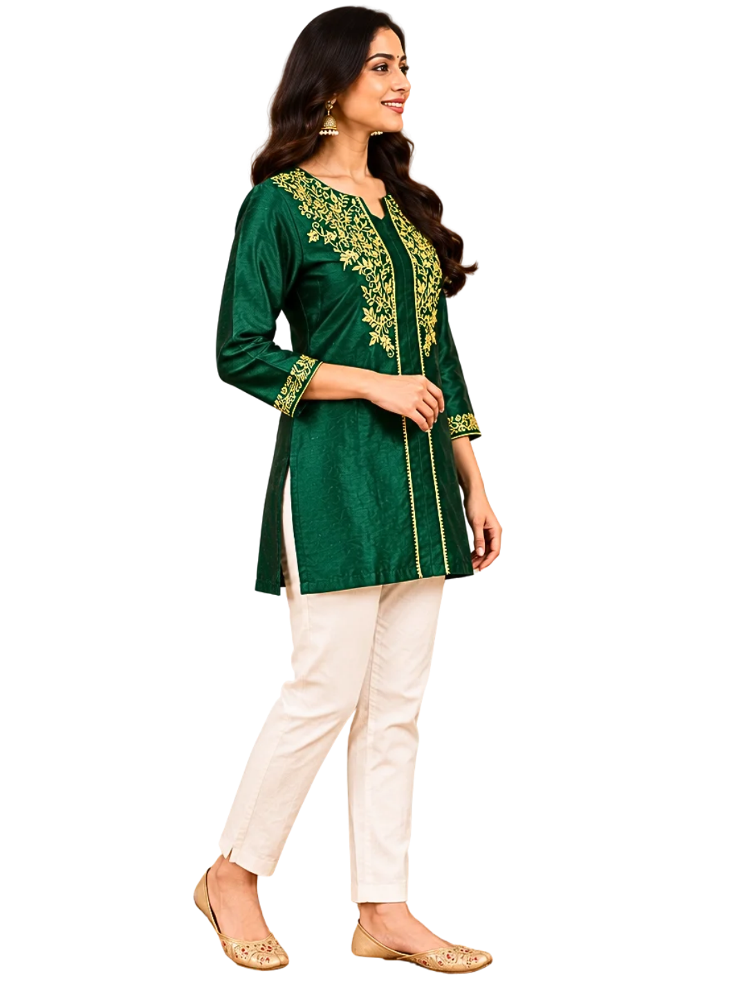 Dark Green Art Silk Short Kurti , Embroidered Party Wear Ethnic Kurti