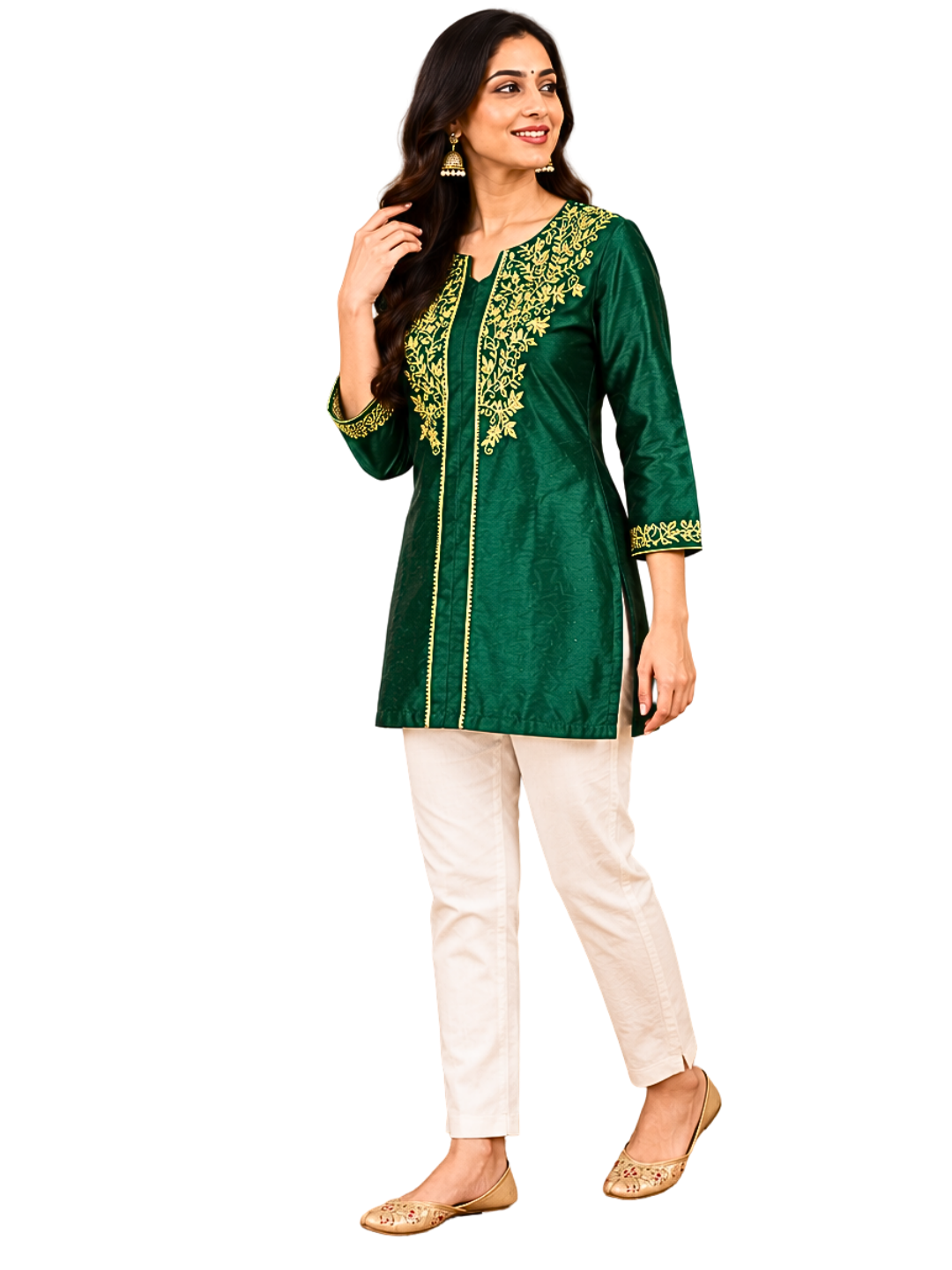 Dark Green Art Silk Short Kurti , Embroidered Party Wear Ethnic Kurti
