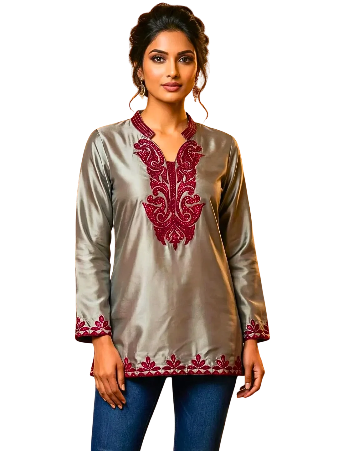 Grey Silk Satin Embroidered Kurti |  Indian Ethnic Festive Wear | Embellished Kurti