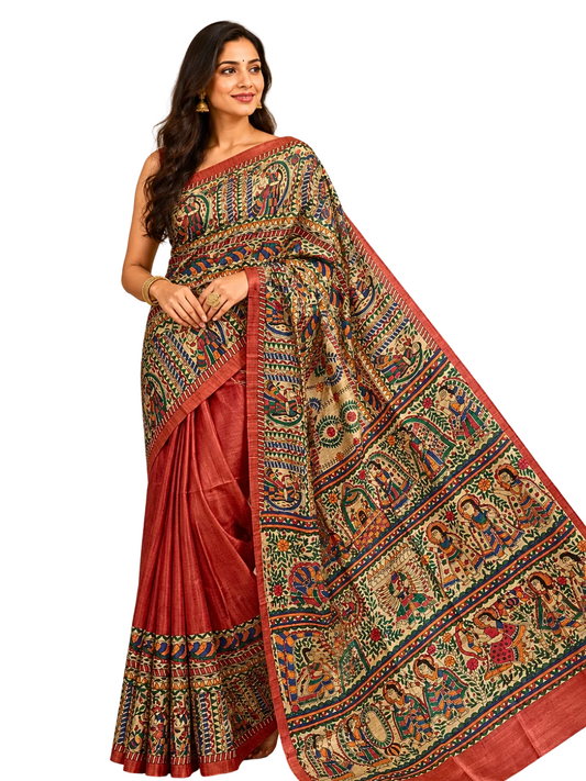 Rust  Pure Tussar Silk Madhubani Saree