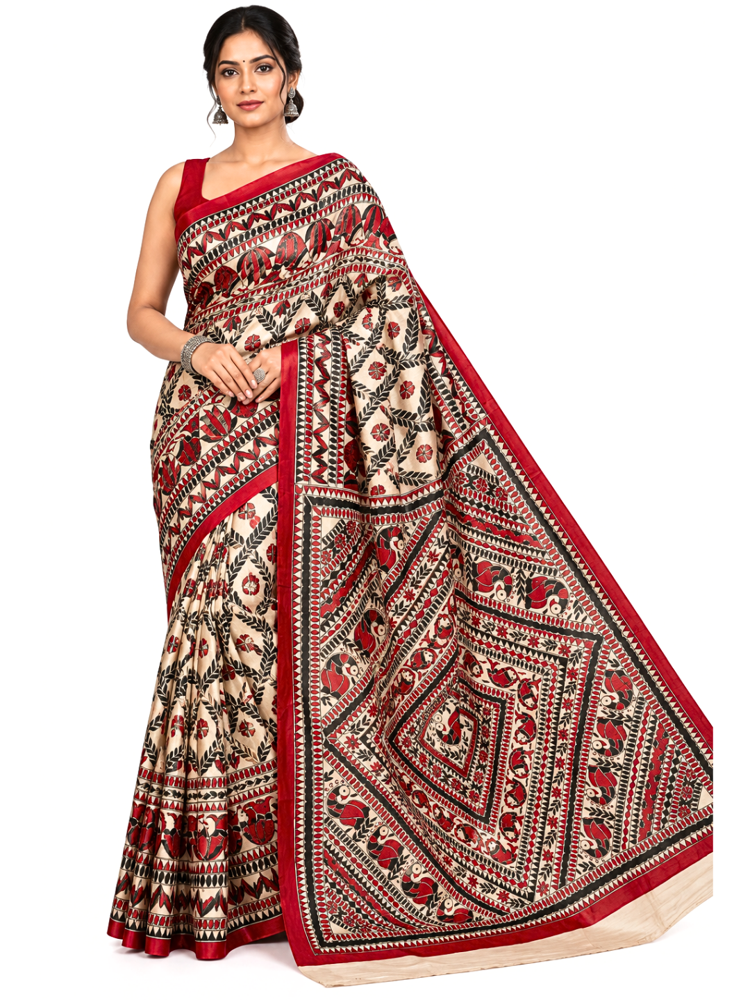 Red Black Madhubani Print Tussar Silk Saree for Women