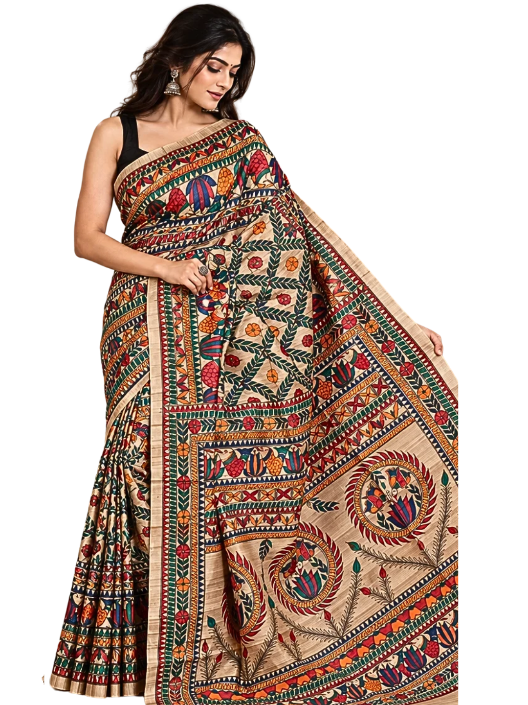 Multicolor Madhubani Printed Pure Tussar Silk Saree