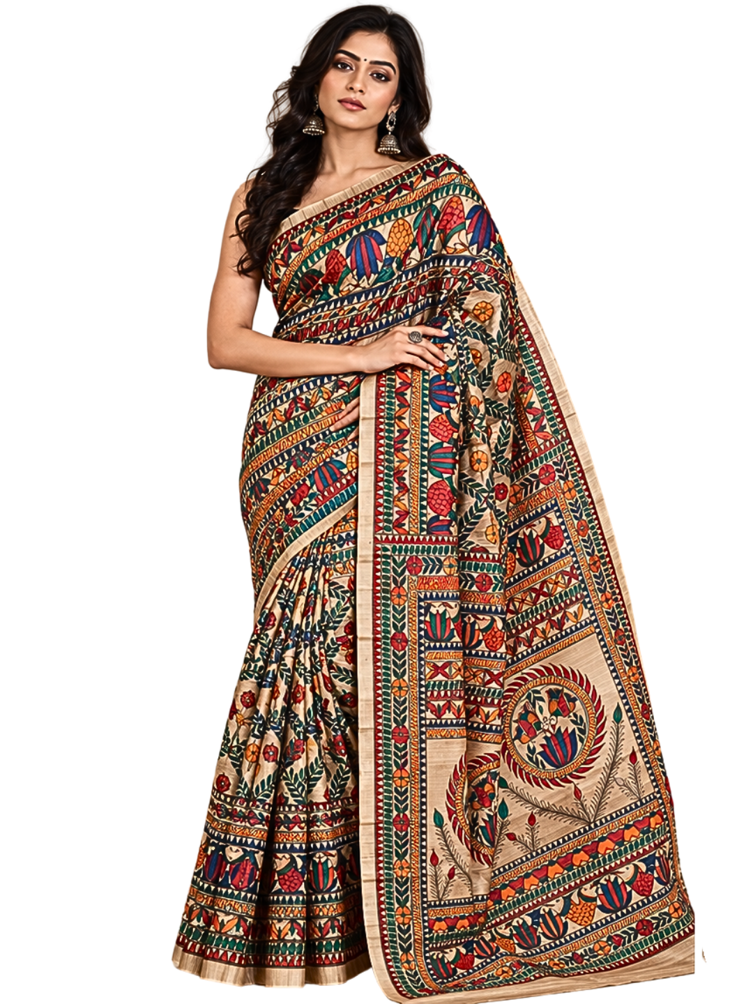 Multicolor Madhubani Printed Pure Tussar Silk Saree