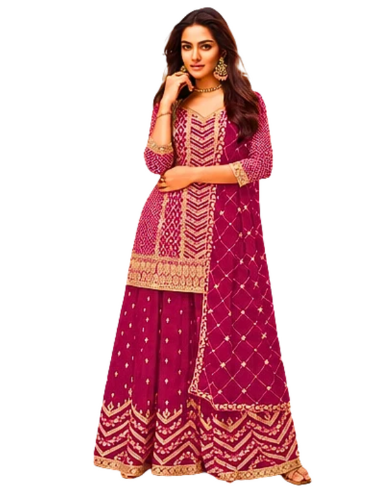Cherry Red Embroidered Palazzo Suit with Dupatta  Party & Wedding Outfit