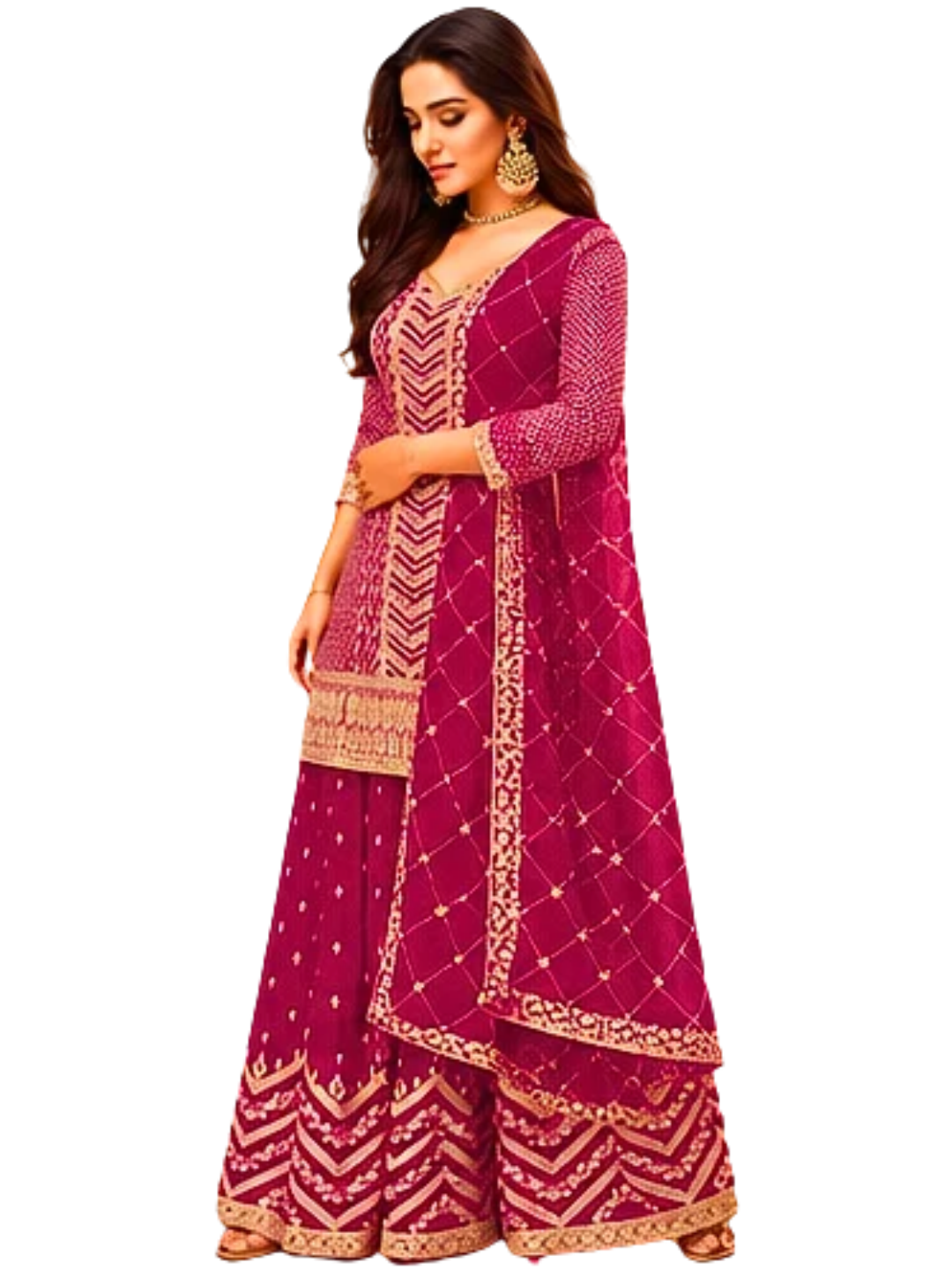Ensemble Palazzo brodé rouge cerise avec Dupatta – Tenue de soirée et de mariage