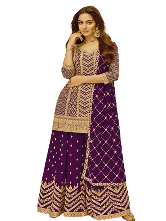 Purple Embroidered Palazzo Suit with Dupatta Traditional Wedding Wear
