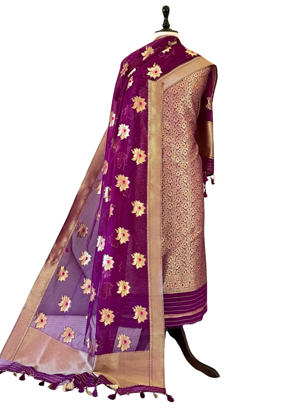 Banarasi Silk Blend Unstitched Suit Set with Zari Organza Dupatta