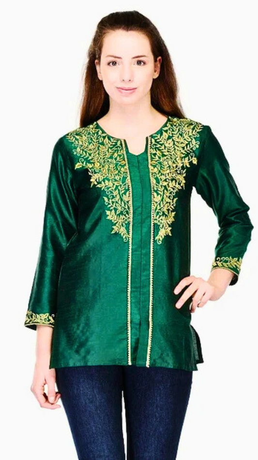 Bottle Green Art Silk Embroidered Kurti   , FREE  DELIVERY