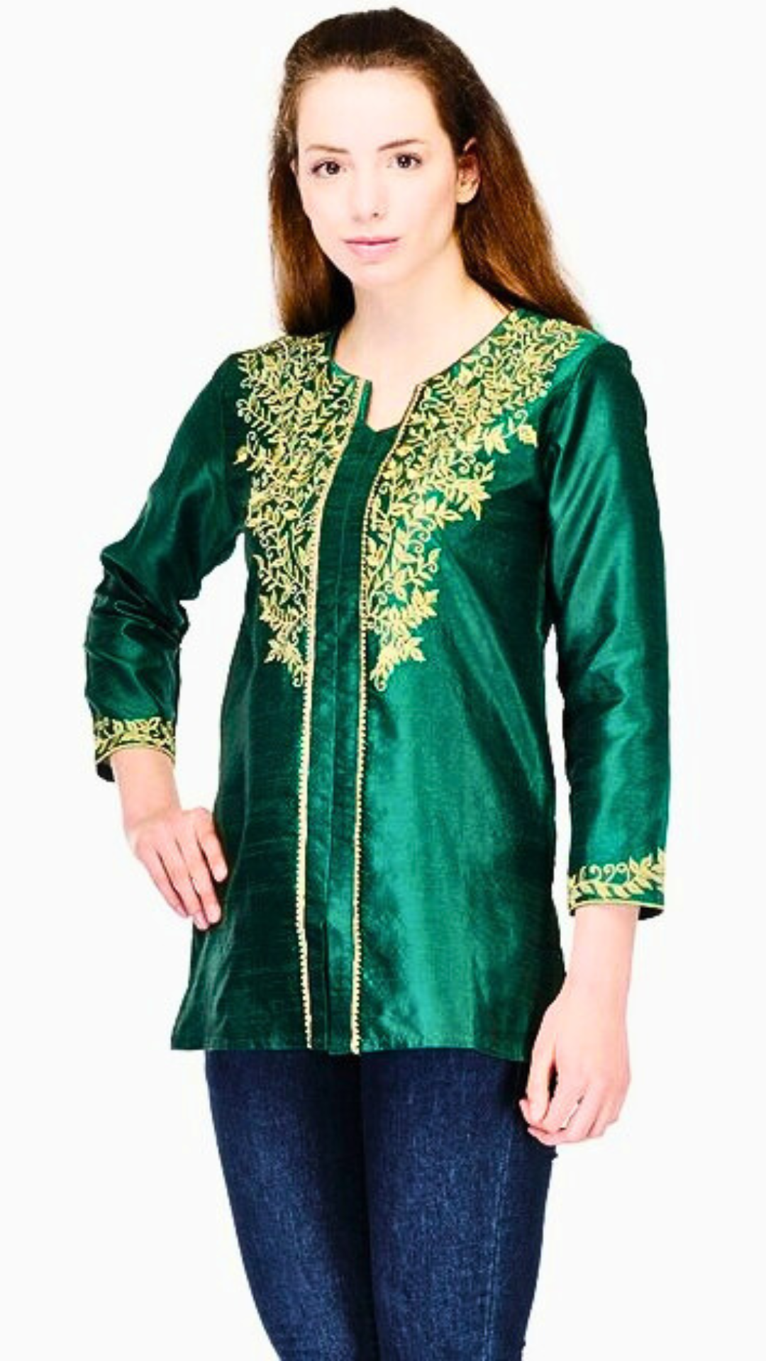 Bottle Green Art Silk Embroidered Kurti   , FREE  DELIVERY