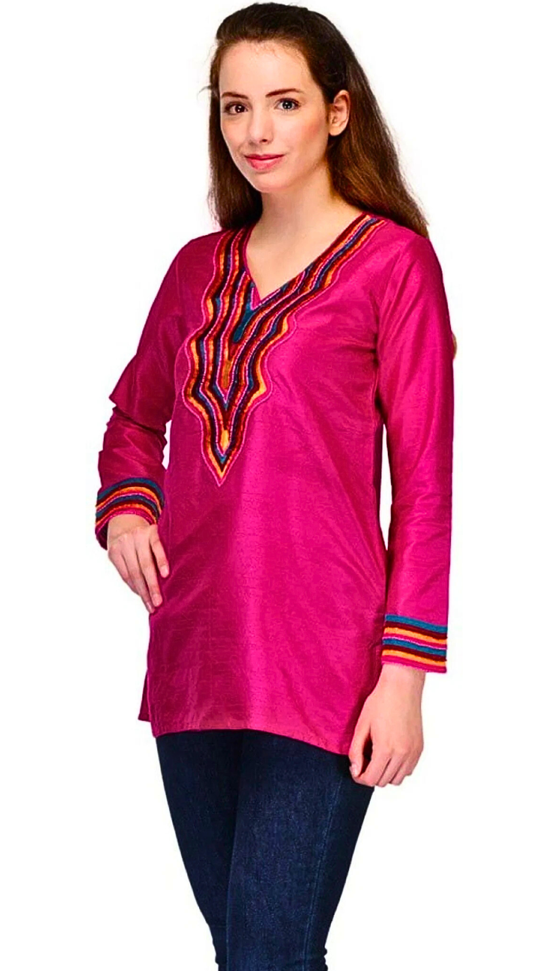 Pink Embroidered Art Silk Kurti  ,FREE  DELIVERY