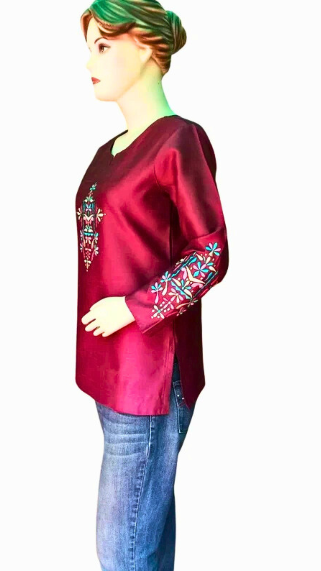 Burgundy Art Silk Embroidered Kurti  , FREE DELIVERY