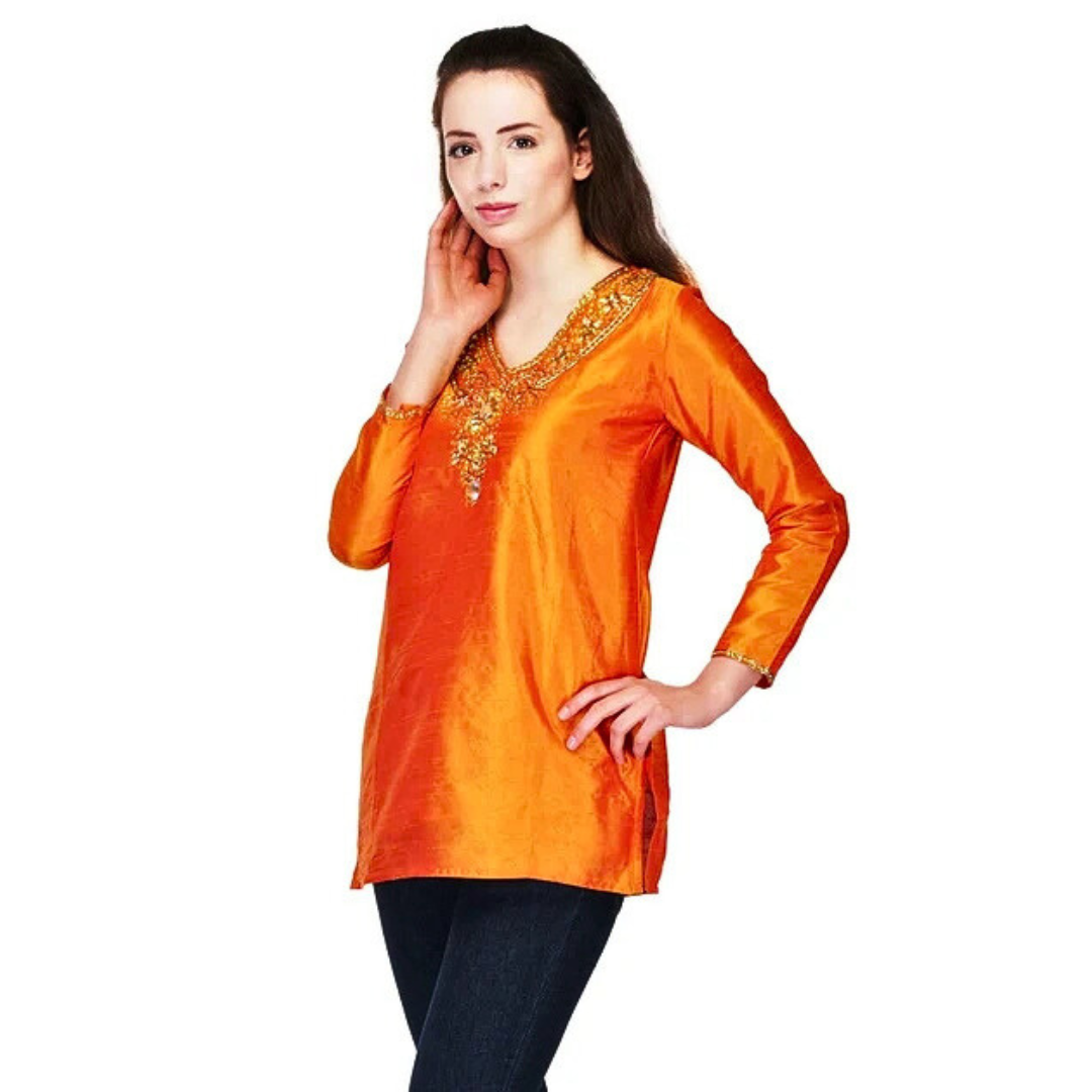 Orange Art Silk Embellished Kurti , FREE  DELIVERY