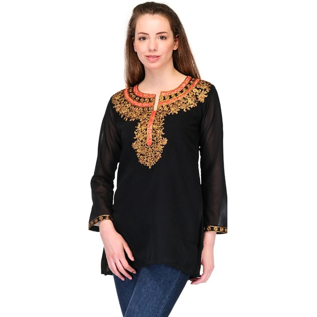 Black Georgette Embroidered Party Wear Kurti  , FREE  DELIVERY