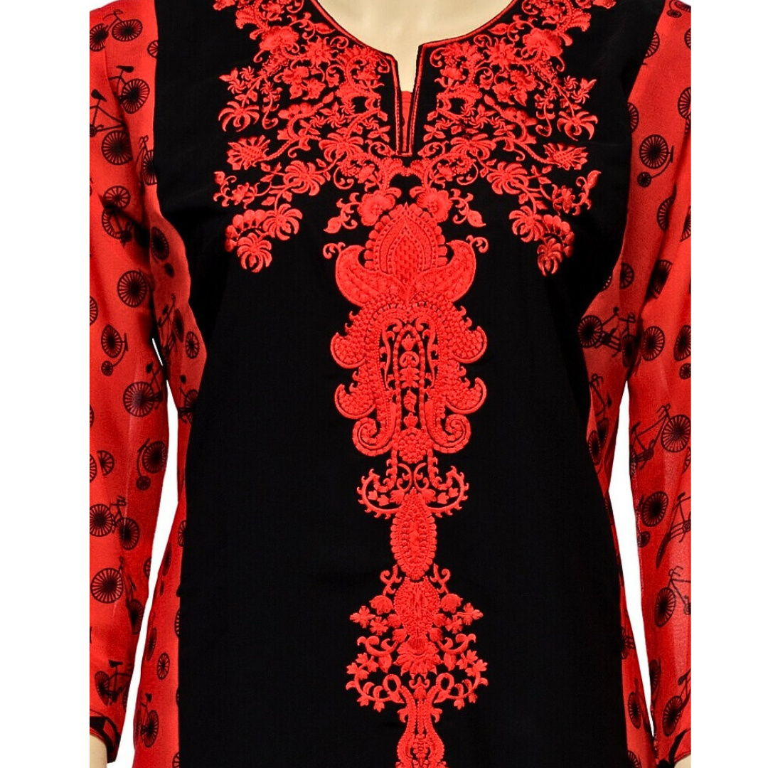 Black / Red  Georgette Women's Straight Kurta , Chest 44 Inches  , FREE DELIVERY