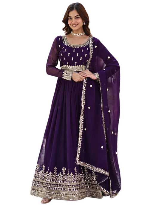 Purple Heavy Embroidered Georgette Gown with Dupatta – Party & Wedding Wear
