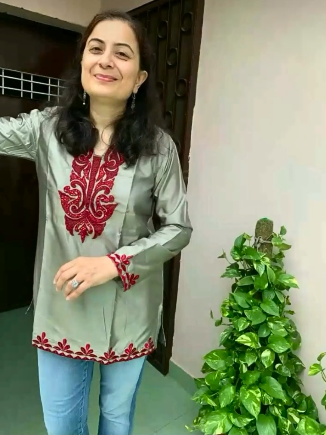 Grey Silk Satin Embroidered Kurti |  Indian Ethnic Festive Wear | Embellished Kurti
