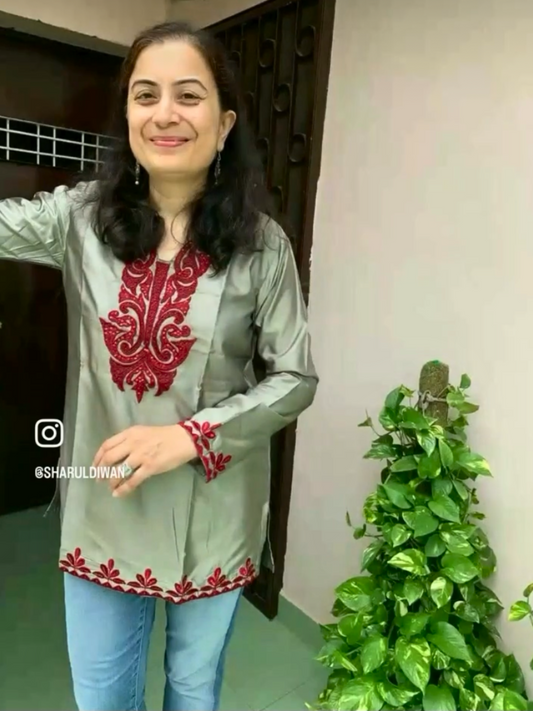 Grey Silk Satin Embroidered Kurti |  Indian Ethnic Festive Wear | Embellished Kurti