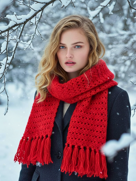 Red Handknitted Woollen  Scarf  / Stole /
