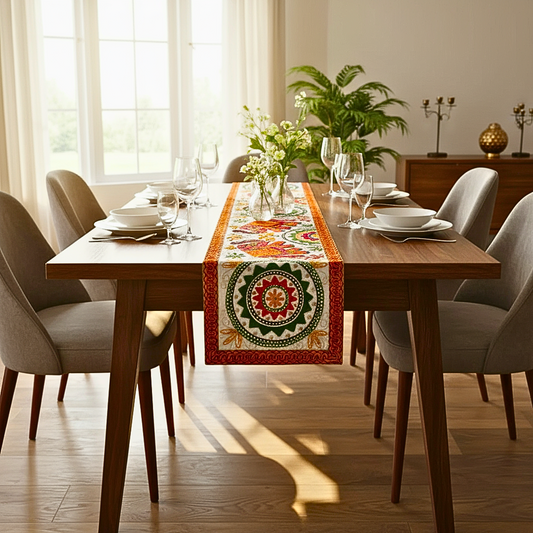 Hand-Embroidered Table Runner – Elegant Diwali Festive Dining Decor