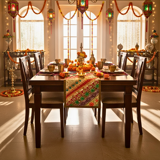 Beige Embroidered Table Runner – Elegant Diwali Dining Table Decor