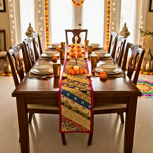 Pink Embroidered Table Runner – Festive Diwali Dining Table Decor