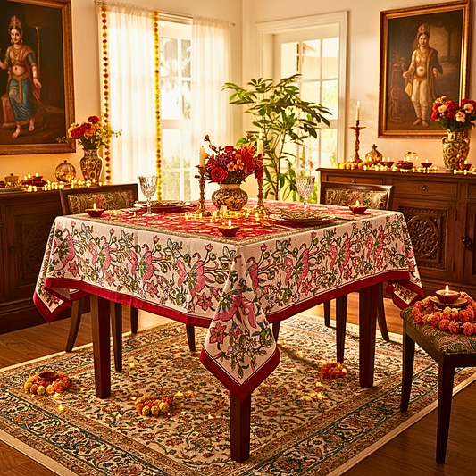 Festive Handblock Printed Cotton Table Cloth – Red Floral Dining Table Linen for Holiday & Diwali Decor
