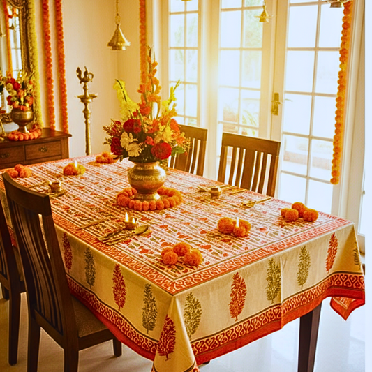 Festive Orange Handblock Printed Cotton Table Cloth – 6 Seater Dining Table Linen for Diwali & Holiday Decor
