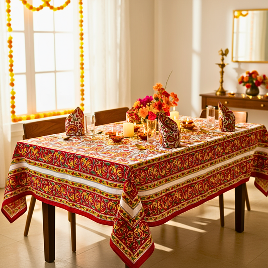 Festive Cotton Paisley Handblock Printed Table Cloth with 6 Napkins – 6 Seater Dining Table Linen