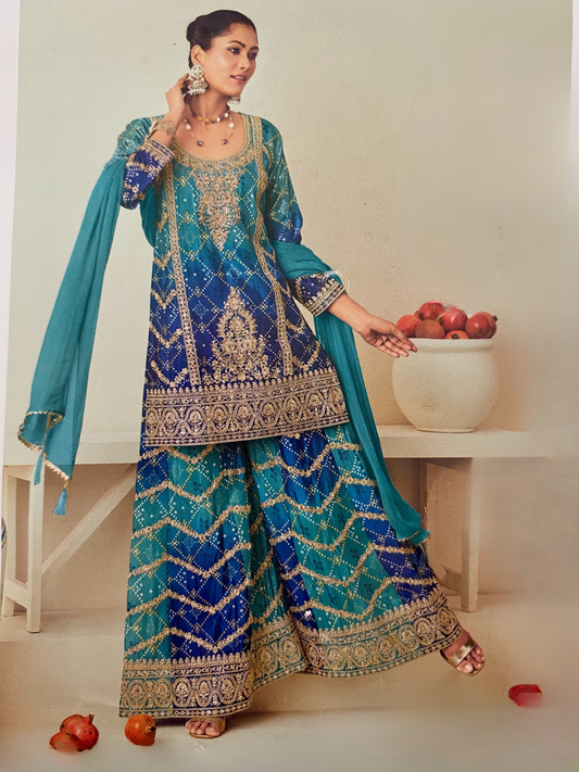 Blue Designer Embroidered Palazzo Set / Palazzo Suit for Weddings, Parties & Festivals