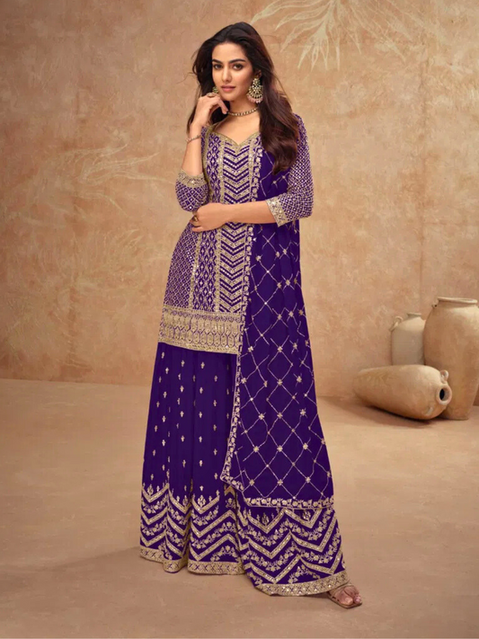 Purple Embroidered Palazzo Suit with Dupatta – Traditional Wedding Wear