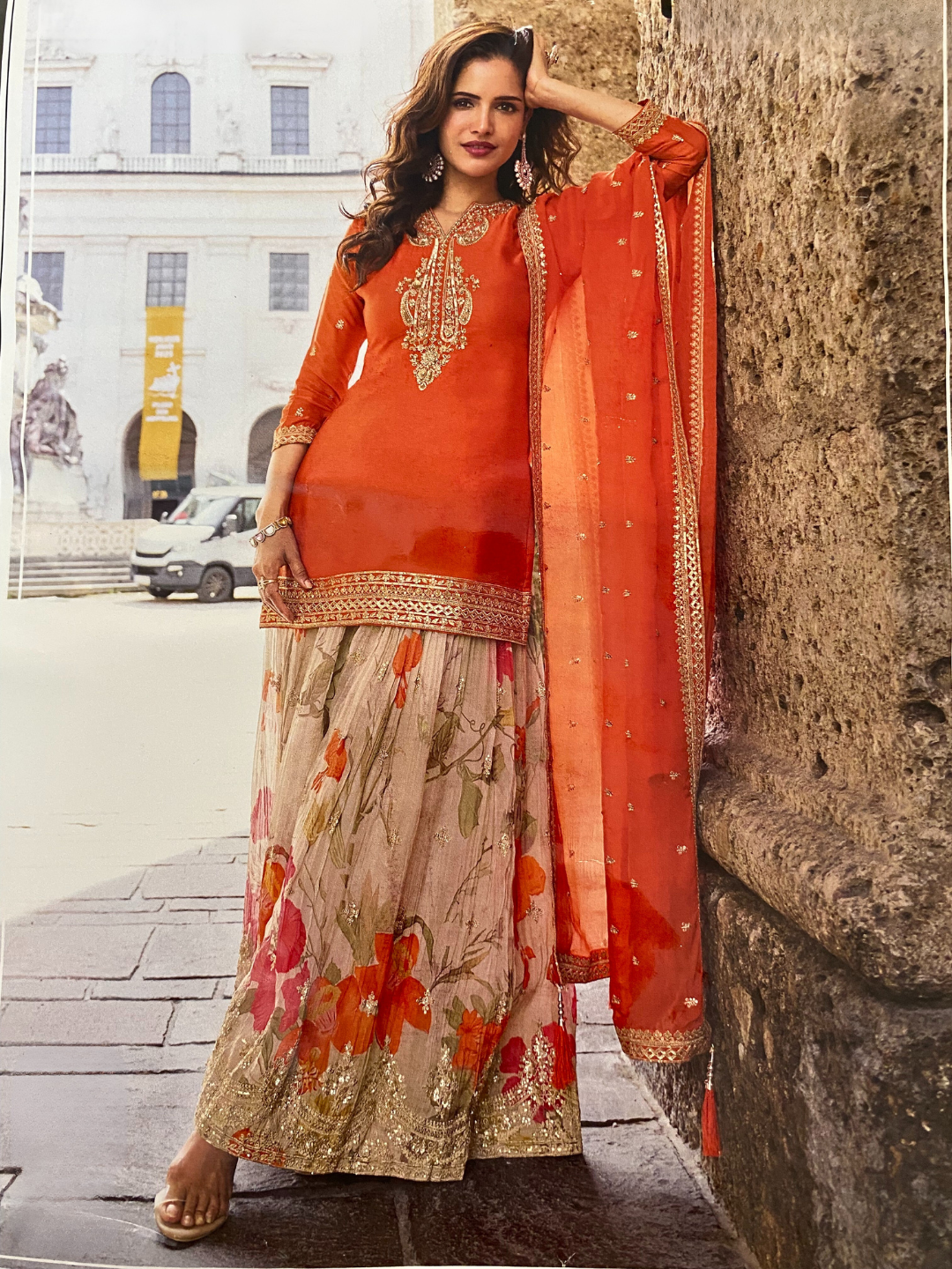 Orange Embroidered Palazzo Suit with Dupatta – Traditional Party & Wedding Wear