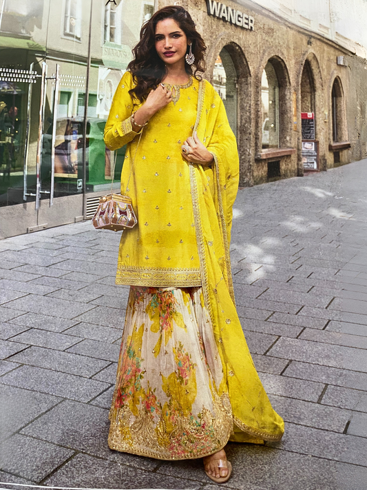 Lemon Yellow Palazzo Suit Set with Embroidery & Dupatta – Festive & Party Wear for Women