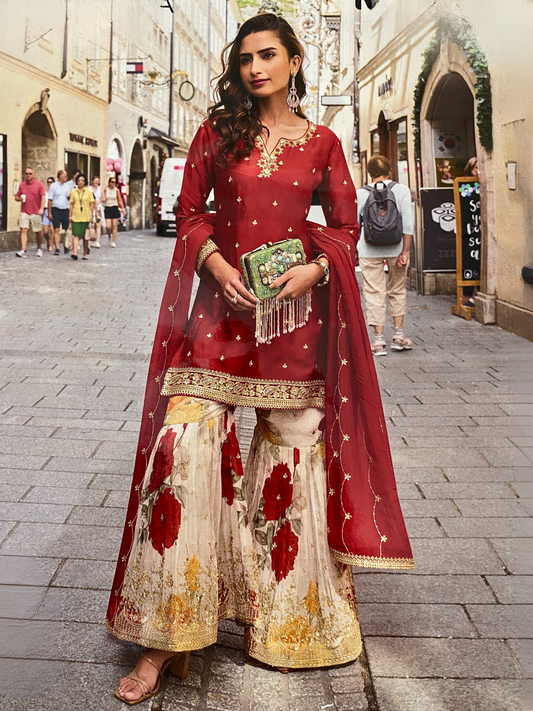 Red Embroidered Palazzo Suit Set with Dupatta – Wedding & Festive Party Wear