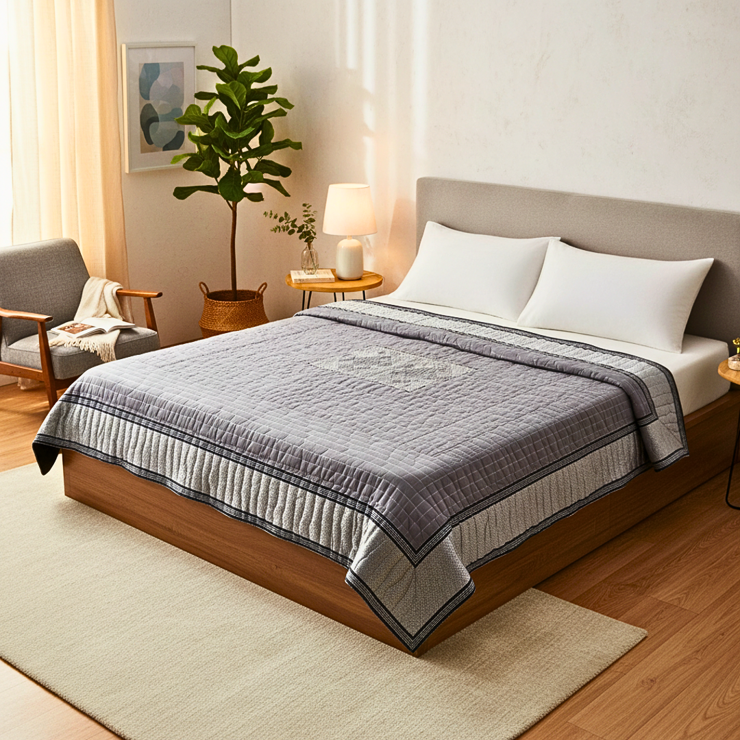 Grey cotton  quilt with silver  border for double bed/ queen size bed