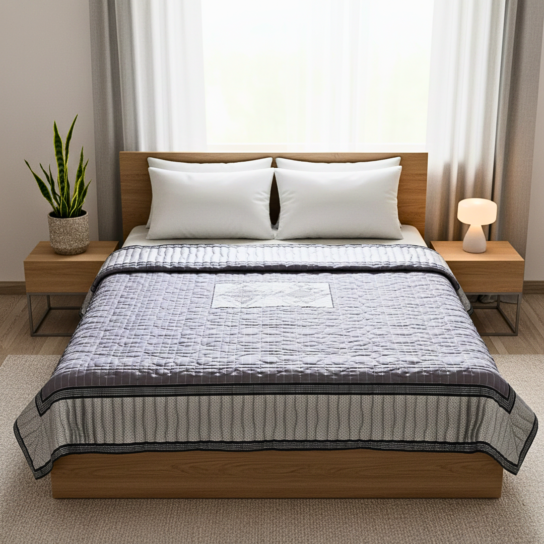 Grey cotton  quilt with silver  border for double bed/ queen size bed