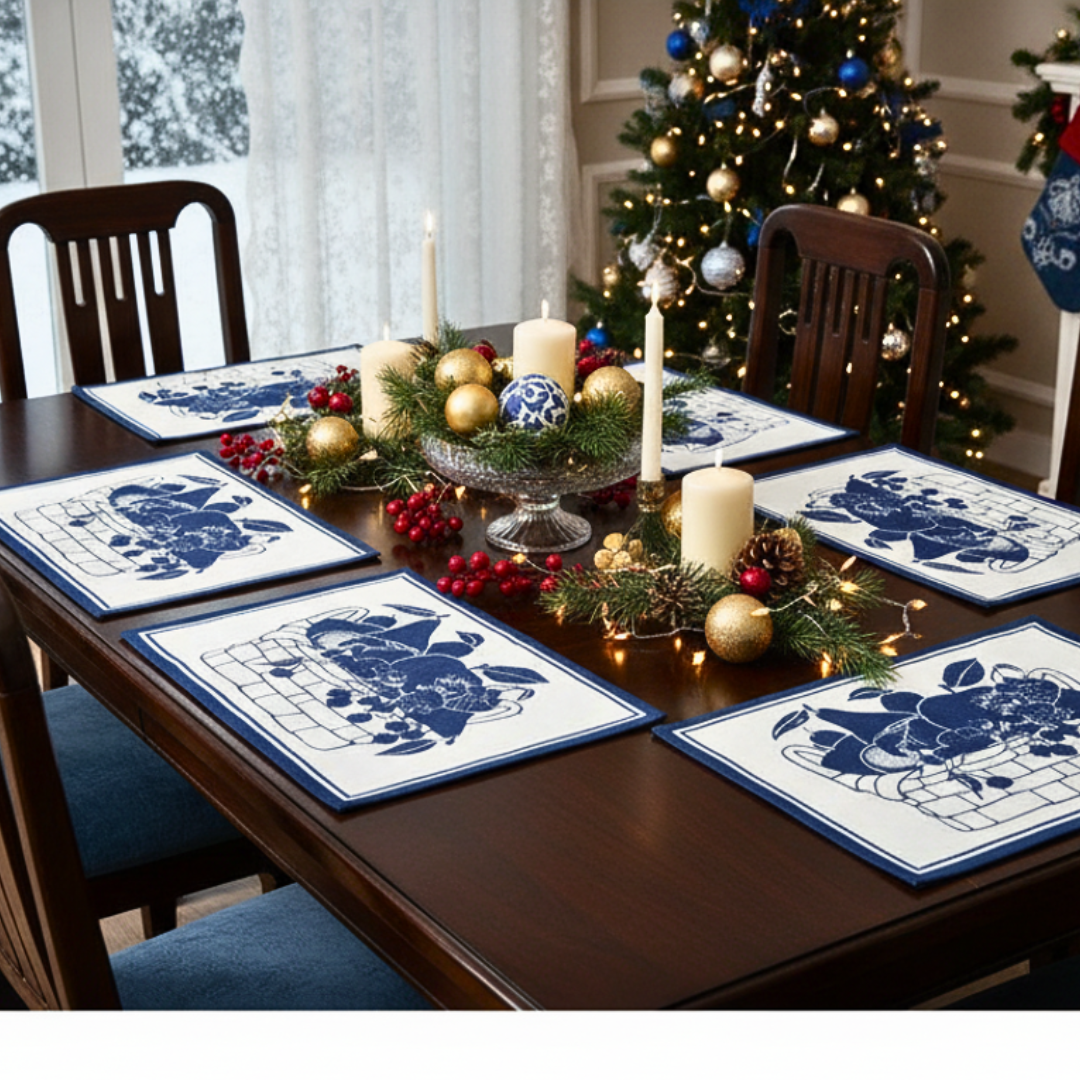 Christmas Table Mats & Napkins Set | White & Blue Cotton Printed Placemats | Festive  Dining Table Linen