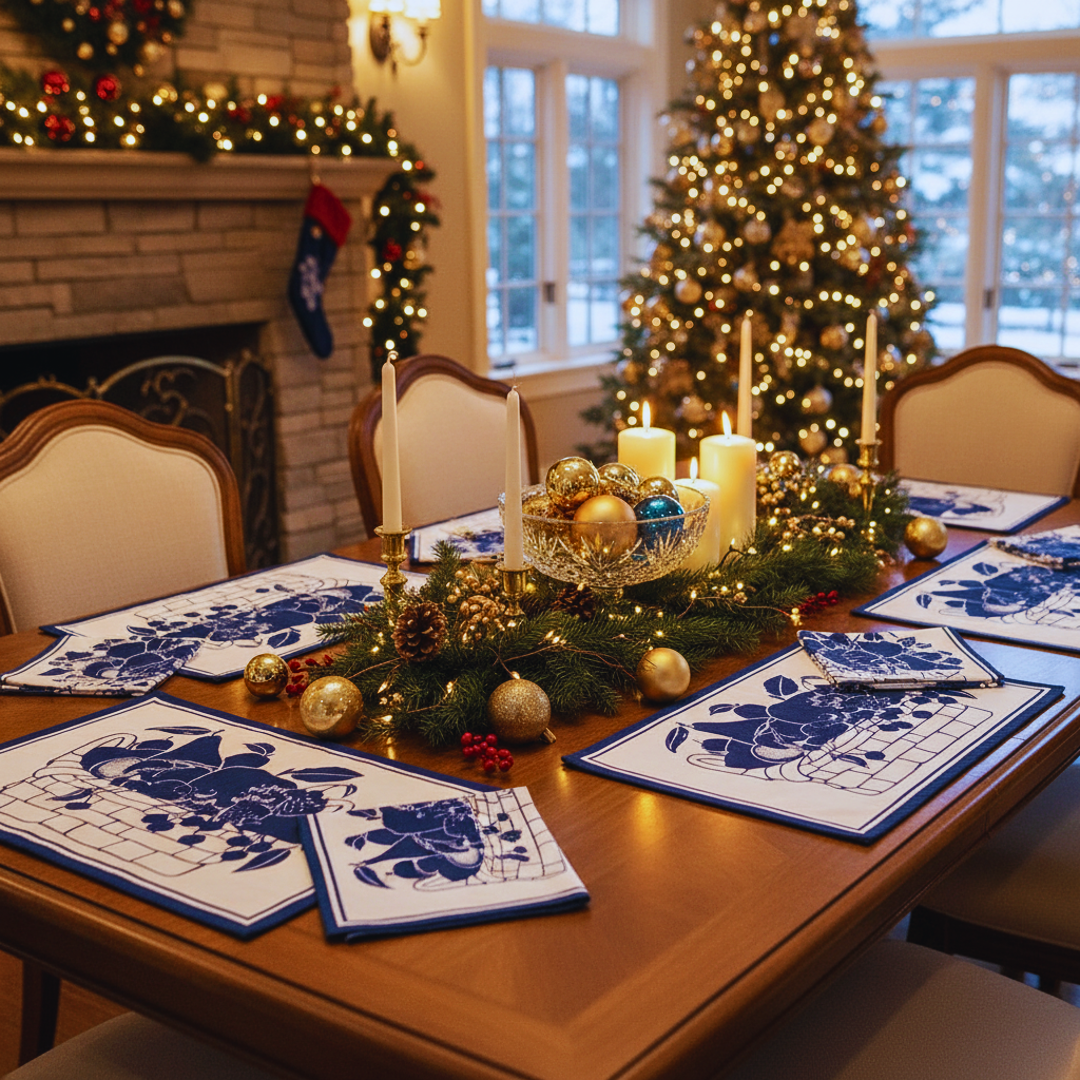 Christmas Table Mats & Napkins Set | White & Blue Cotton Printed Placemats | Festive  Dining Table Linen