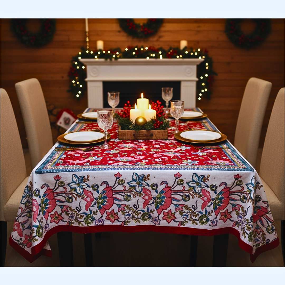 Handmade Red Christmas Tablecloth – Handblock Printed Cotton 4 Seater Table Cover