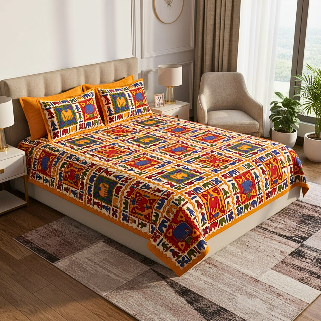 Multicolor Handblock Printed Cotton Bedsheet Queen Size | 100% Cotton Bedspread with 2 Pillow Covers