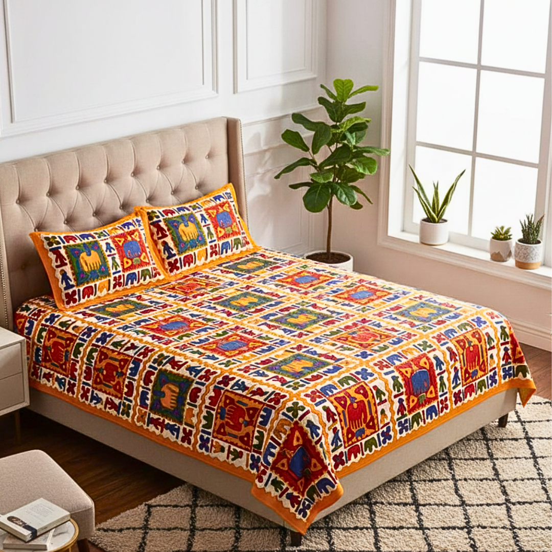 Multicolor Handblock Printed Cotton Bedsheet Queen Size | 100% Cotton Bedspread with 2 Pillow Covers
