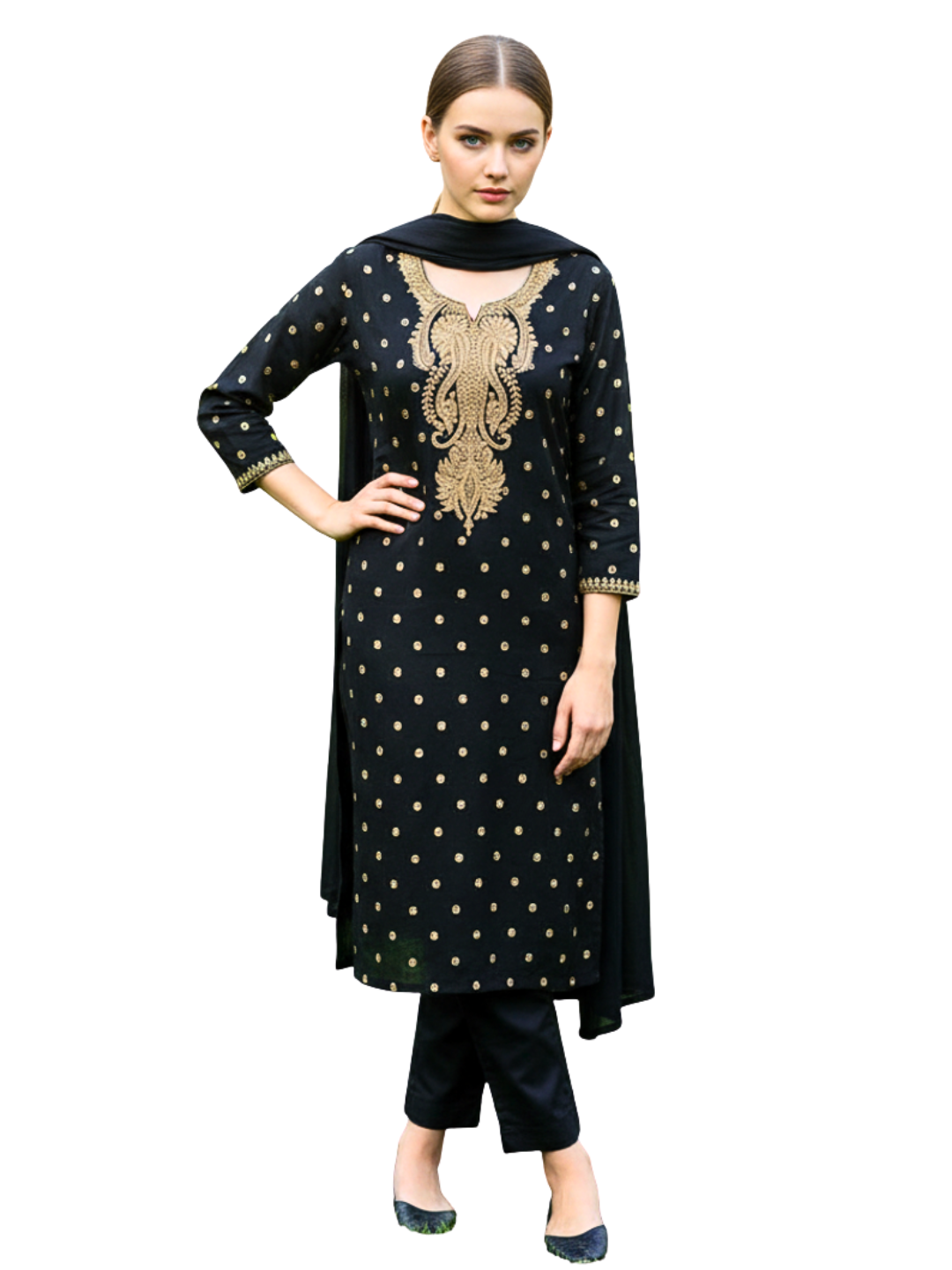Black Woolen Kashmiri Embroidered Unstitched Suit Set – Winter Kurta, Salwar & Dupatta Fabric