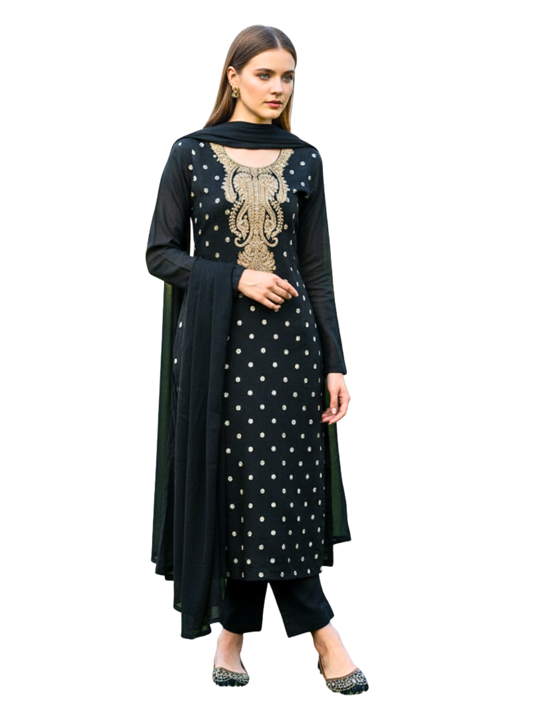 Black Woolen Kashmiri Embroidered Unstitched Suit Set – Winter Kurta, Salwar & Dupatta Fabric