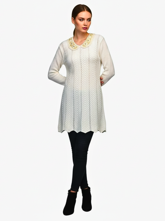 White Wool Blend Sweater with Embellished Collar – Classic Winter Pullover for Women