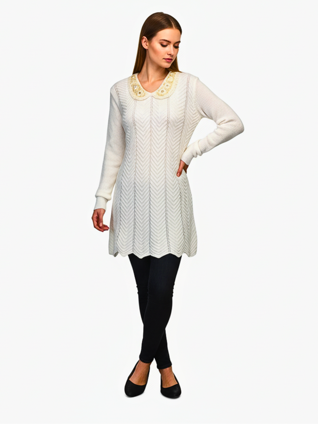 White Wool Blend Sweater with Embellished Collar – Classic Winter Pullover for Women