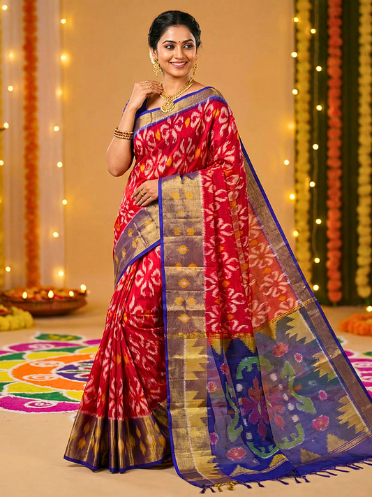 Traditional Handwoven Ikat Cotton Silk Saree for Parties, Festivals & Family Functions