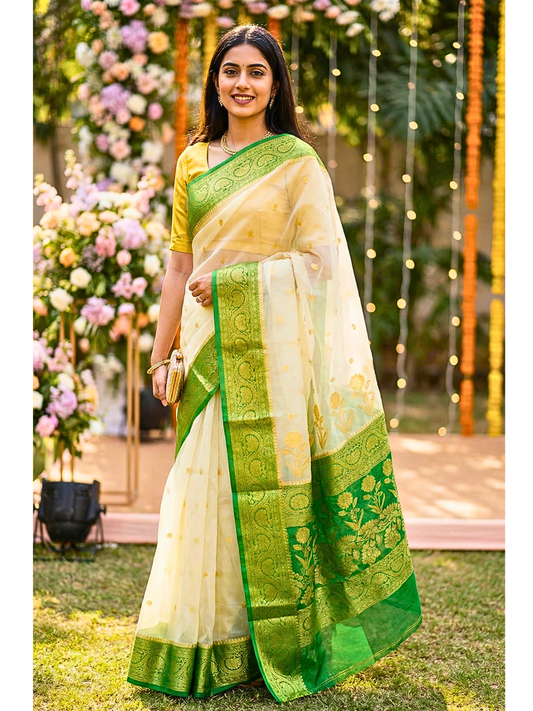 Off-White & Green Banarasi Organza Saree with Zari Border – Perfect for Summer Weddings