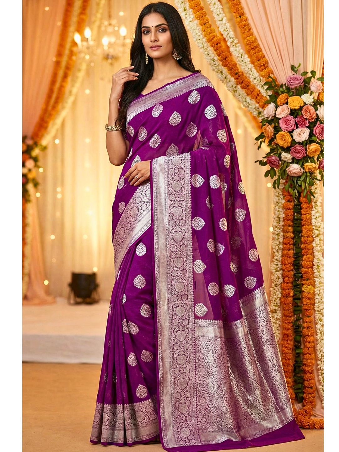 Purple Semi Georgette Saree with Intricate Silver Zari Bootis & Rich Banarasi Border