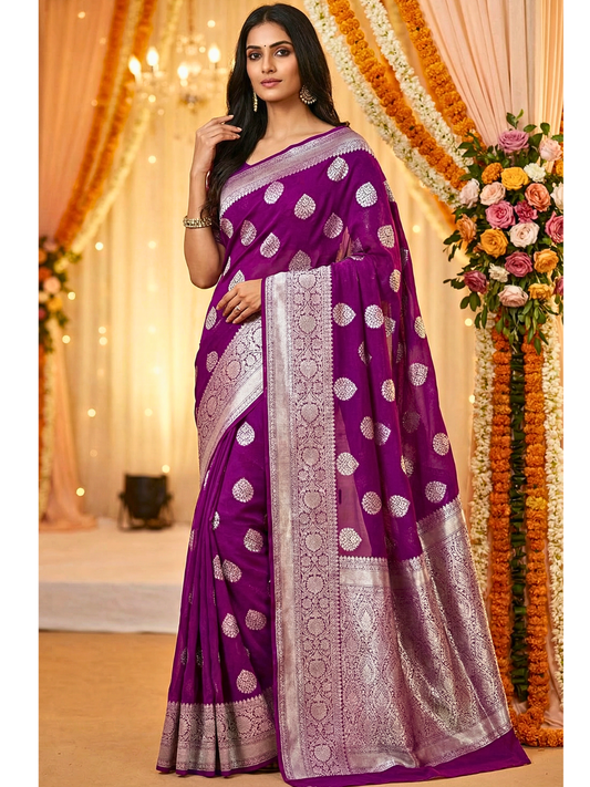 Purple Semi Georgette Saree with Intricate Silver Zari Bootis & Rich Banarasi Border