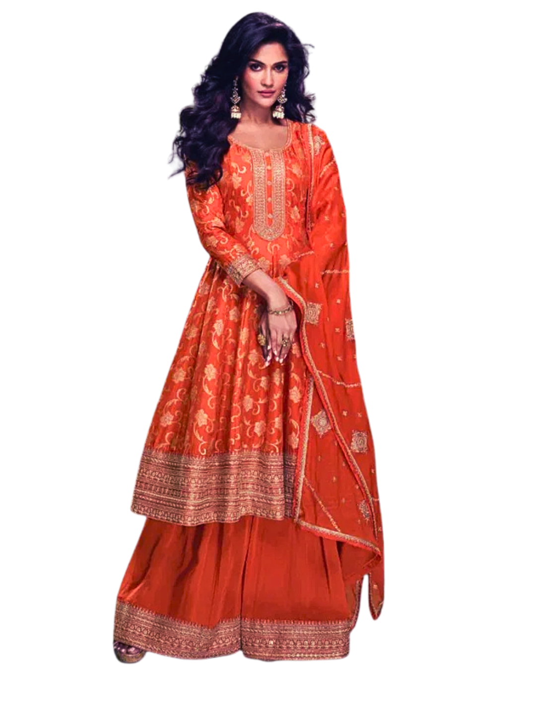 Orange Viscose Silk Zari Palazzo Suit Set with Dupatta